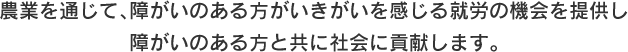 農業を通じて、障碍のある方がいきがいを感じる就労の機会を提供し障碍のある方と共に社会に貢献します。